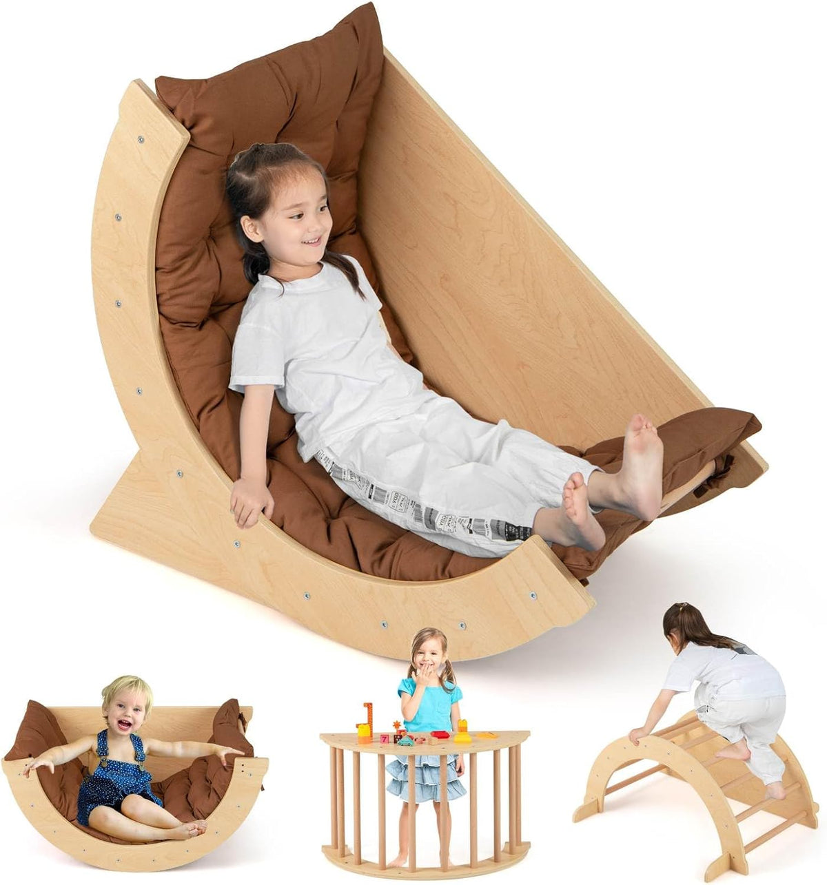 6 in 1 Climbing Arch for Toddlers, Wooden Kids Rocker Arch Climbing Toy with Removable Cushion