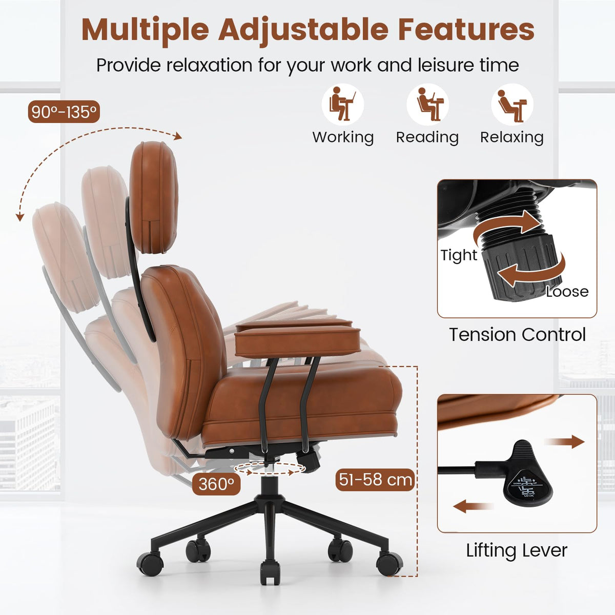 Ergonomic Home Office Chair, Mid Century Modern Computer Desk Chair w/ Wide Tufted Seat