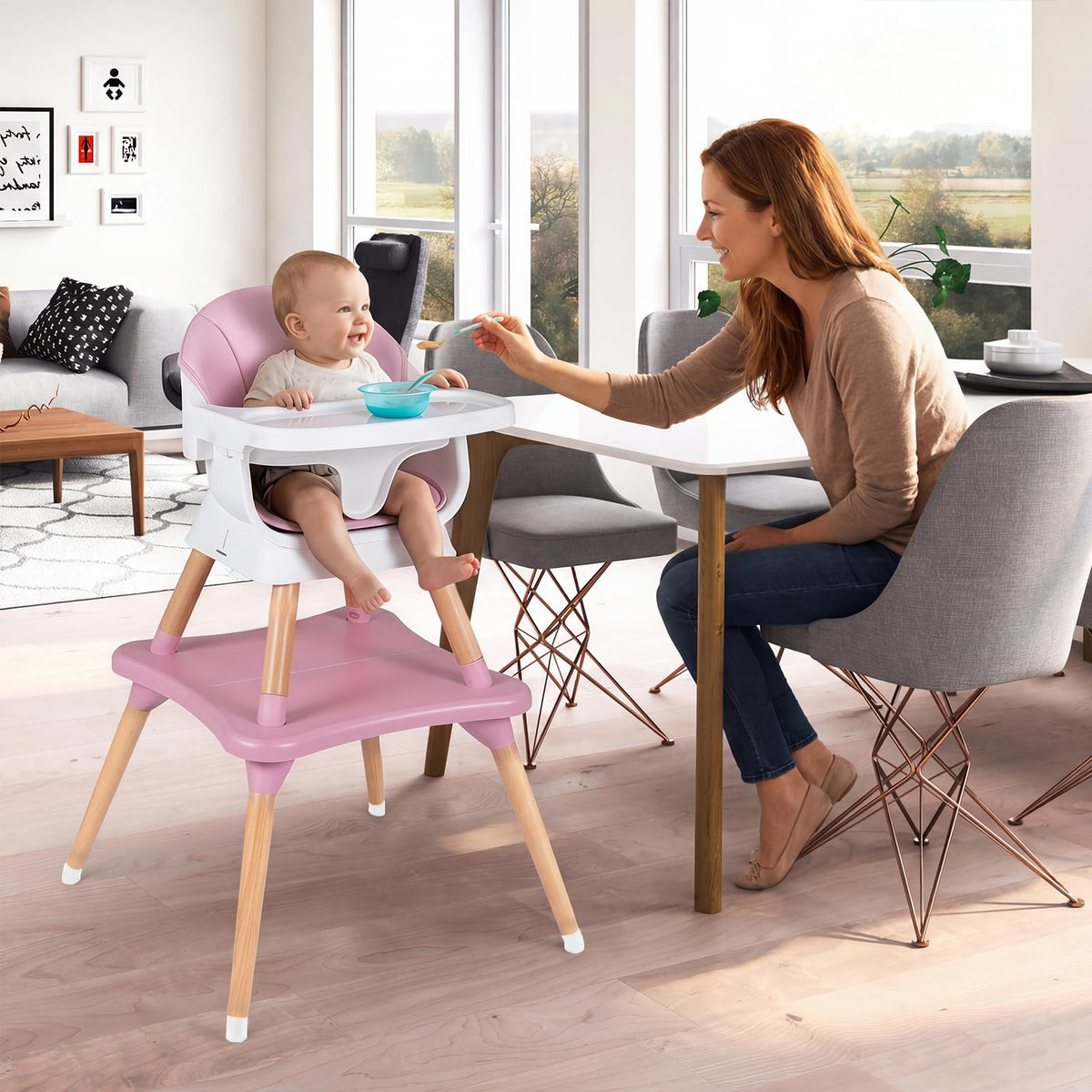 9-in-1 Convertible High Chair, Kids Table and Chair Set w/Solid Wood Legs, Removable Dishwasher-Safe Tray