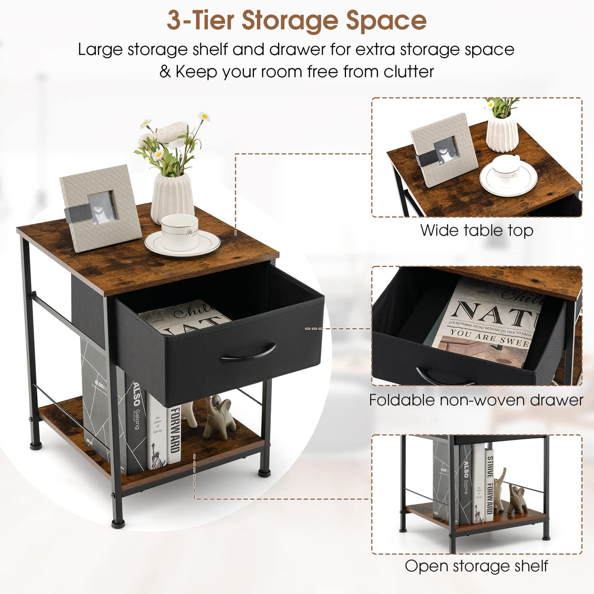 2 Tiers Nightstand for Bedroom, Compact Industrial Style Sofa Side & Bedside Table