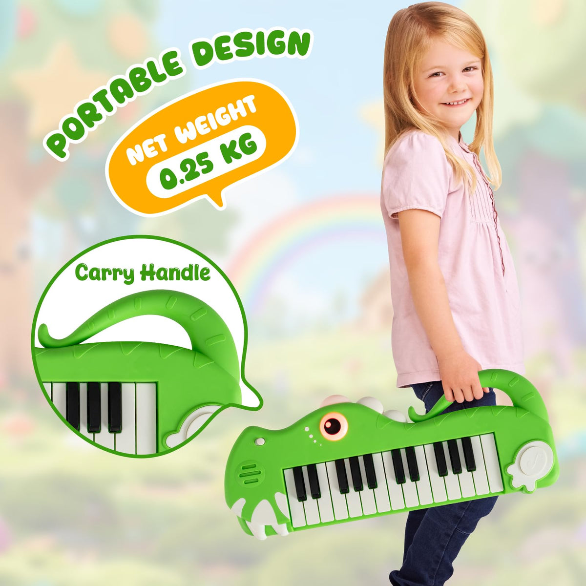 25-Key Kids Piano Keyboard, Dinosaur Shape Toy Digital Piano with Built-in Music & Light