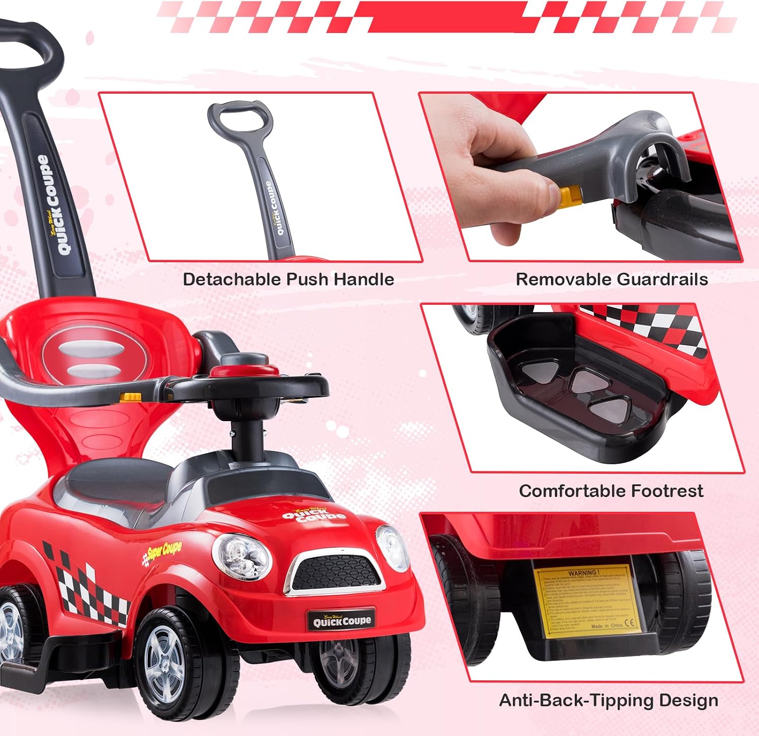 3-in-1 Ride On Push Car, Foot-to-Floor Toddler Walking Car w/Detachable Guardrails & Handle, Interesting Horn, Hidden Storage Space & Anti-Back-Tipping Design, Sliding Car for 2-6 Years