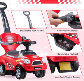 3-in-1 Ride On Push Car, Foot-to-Floor Toddler Walking Car w/Detachable Guardrails & Handle, Interesting Horn, Hidden Storage Space & Anti-Back-Tipping Design, Sliding Car for 2-6 Years