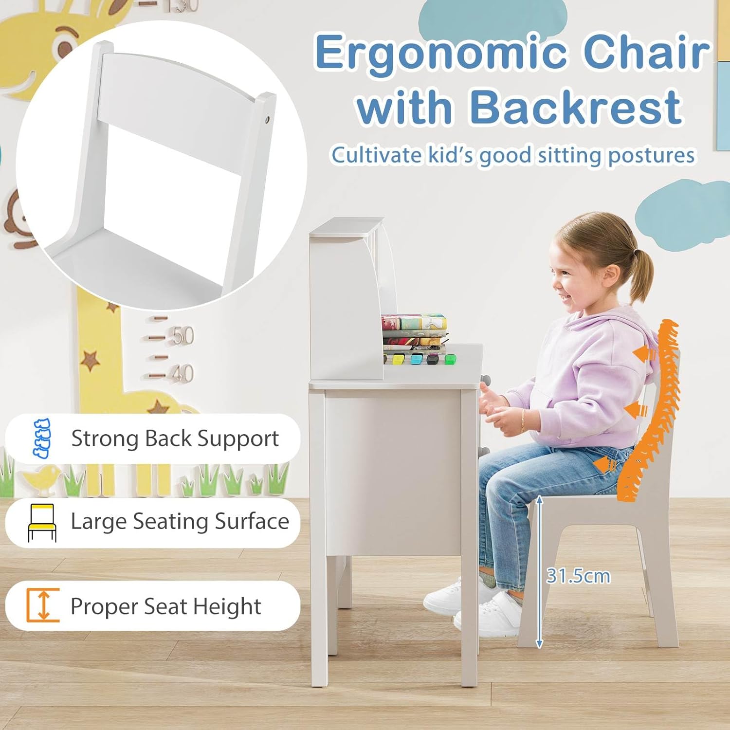 Kids Study Desk and Chair Set, Children Wooden Craft Table with Chair