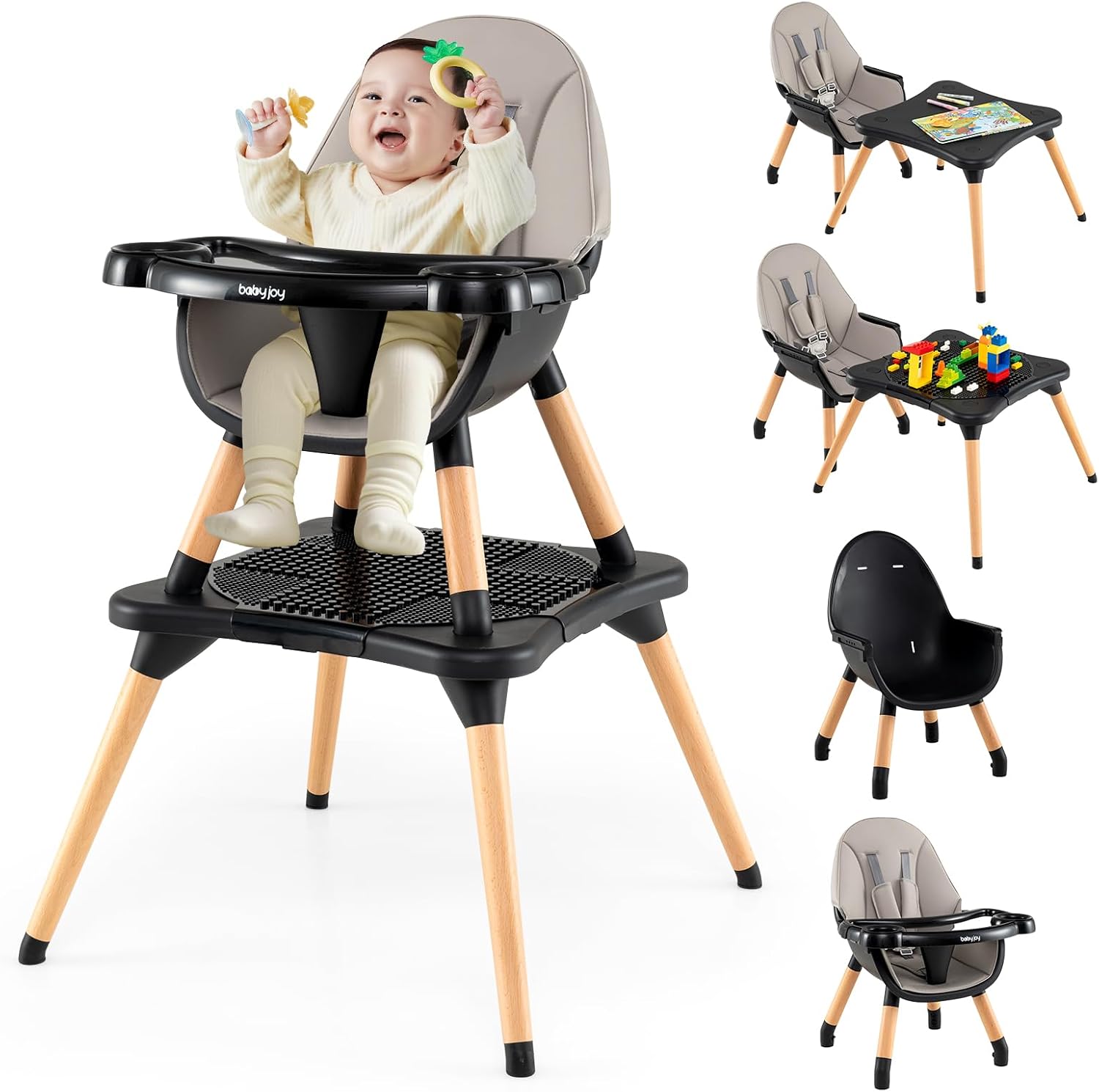 Convertible Table Chair Set w/Building Block Table, Safety Harness, Removable Tray