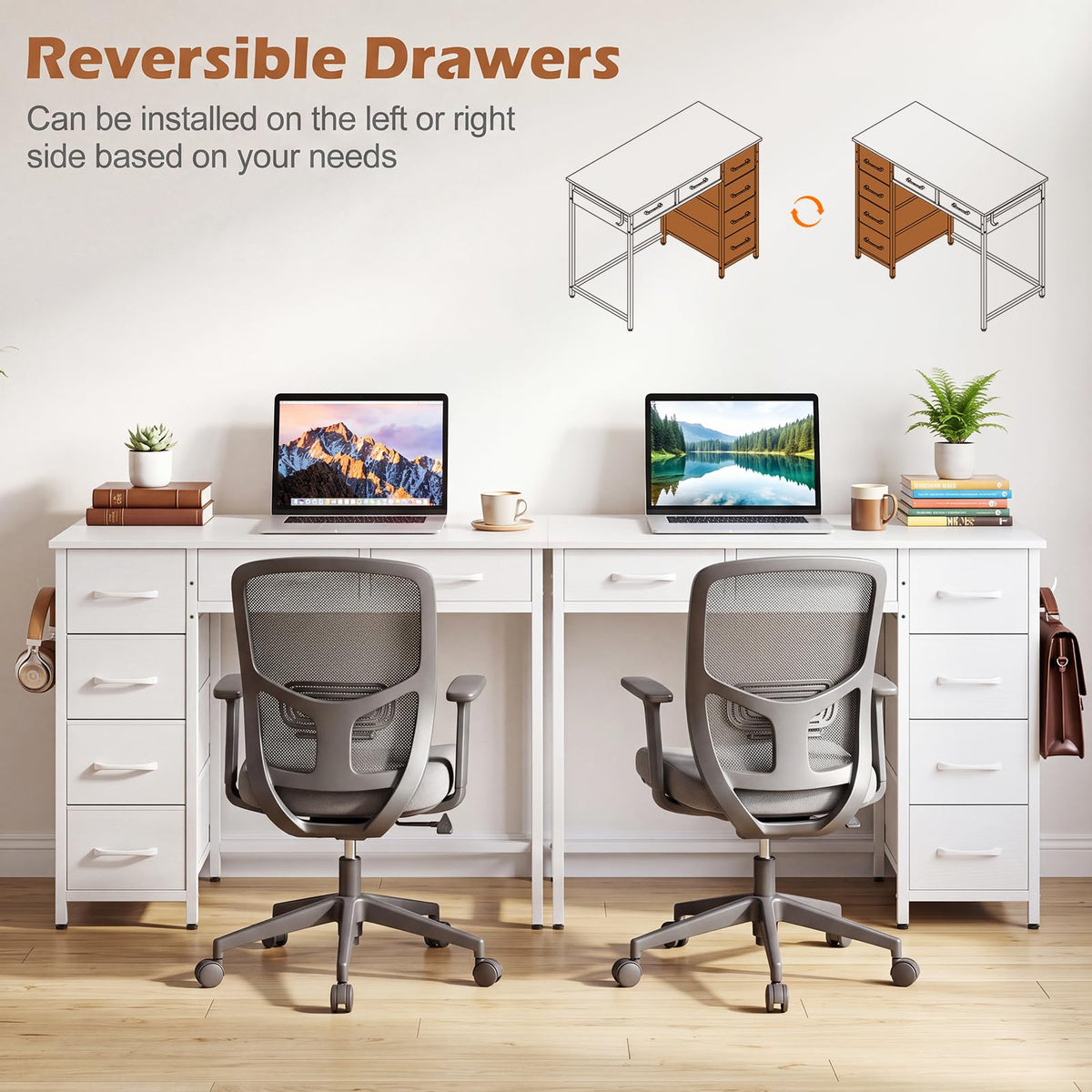 Computer Desk with Reversible Drawers, Home Office Desk