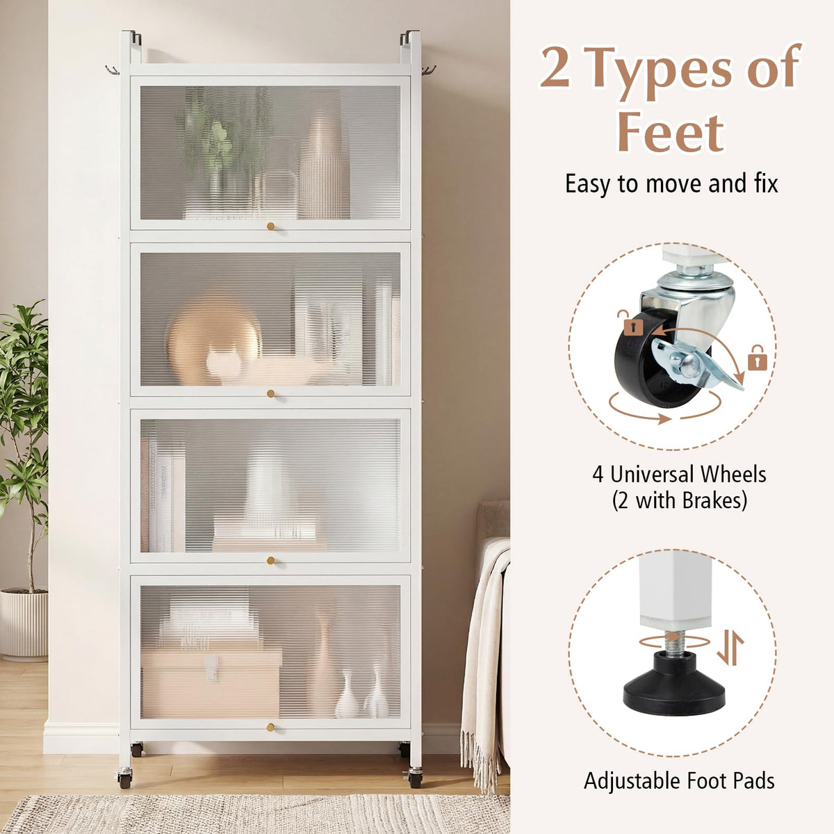 5-Tier Mobile Kitchen Storage Cabinet, Freestanding Metal Pantry Cabinet w/4 Flip-up PC Doors