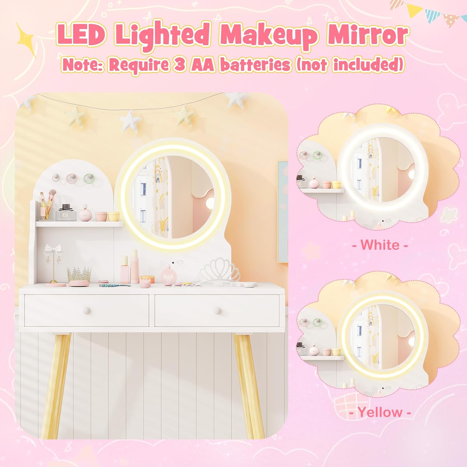 Kids Vanity Set, Princess Dressing Table with Chair