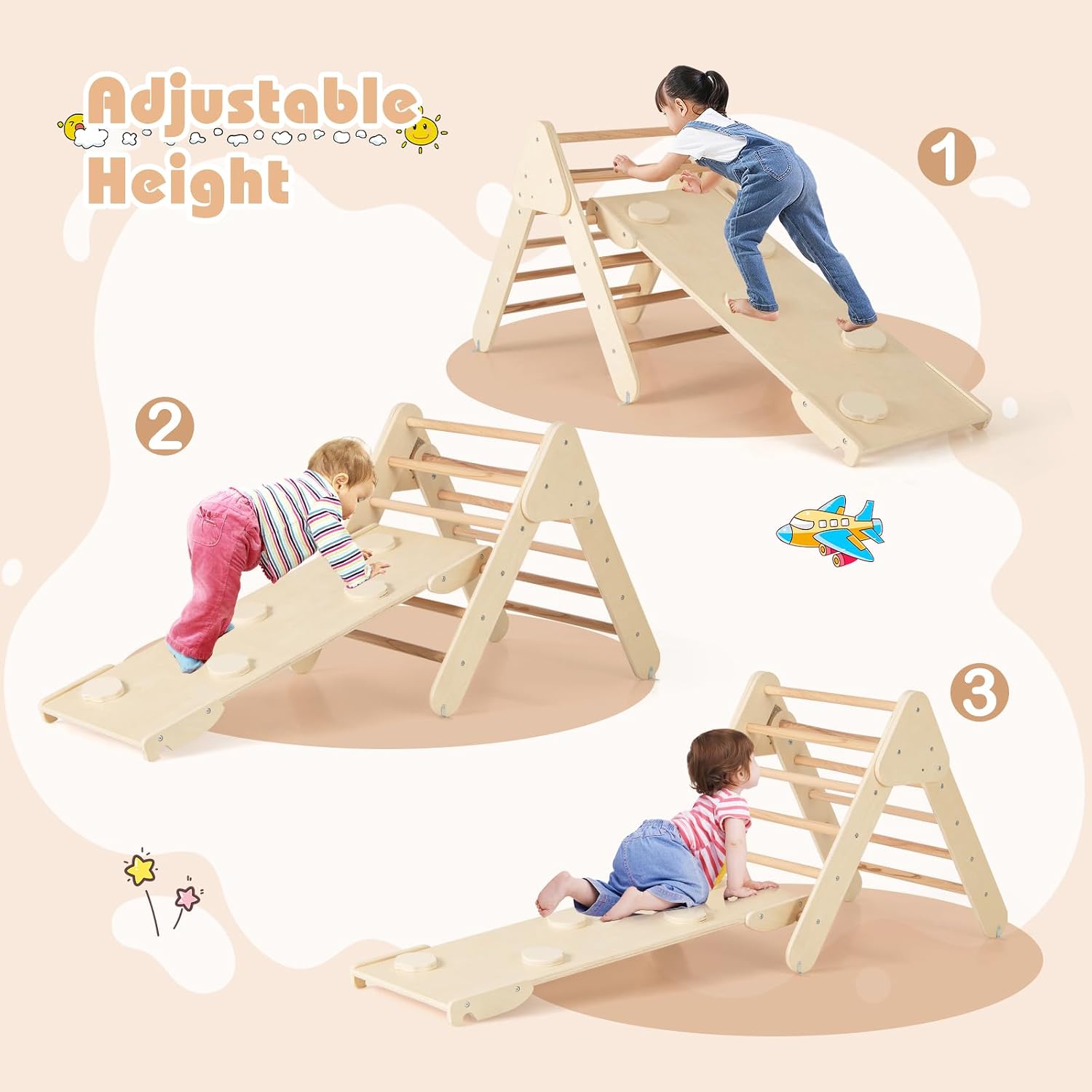 8-in-1 Wooden Triangle Set, Montessori Climbing Toys with Arch Climber, Rocker, Reversible Ramp