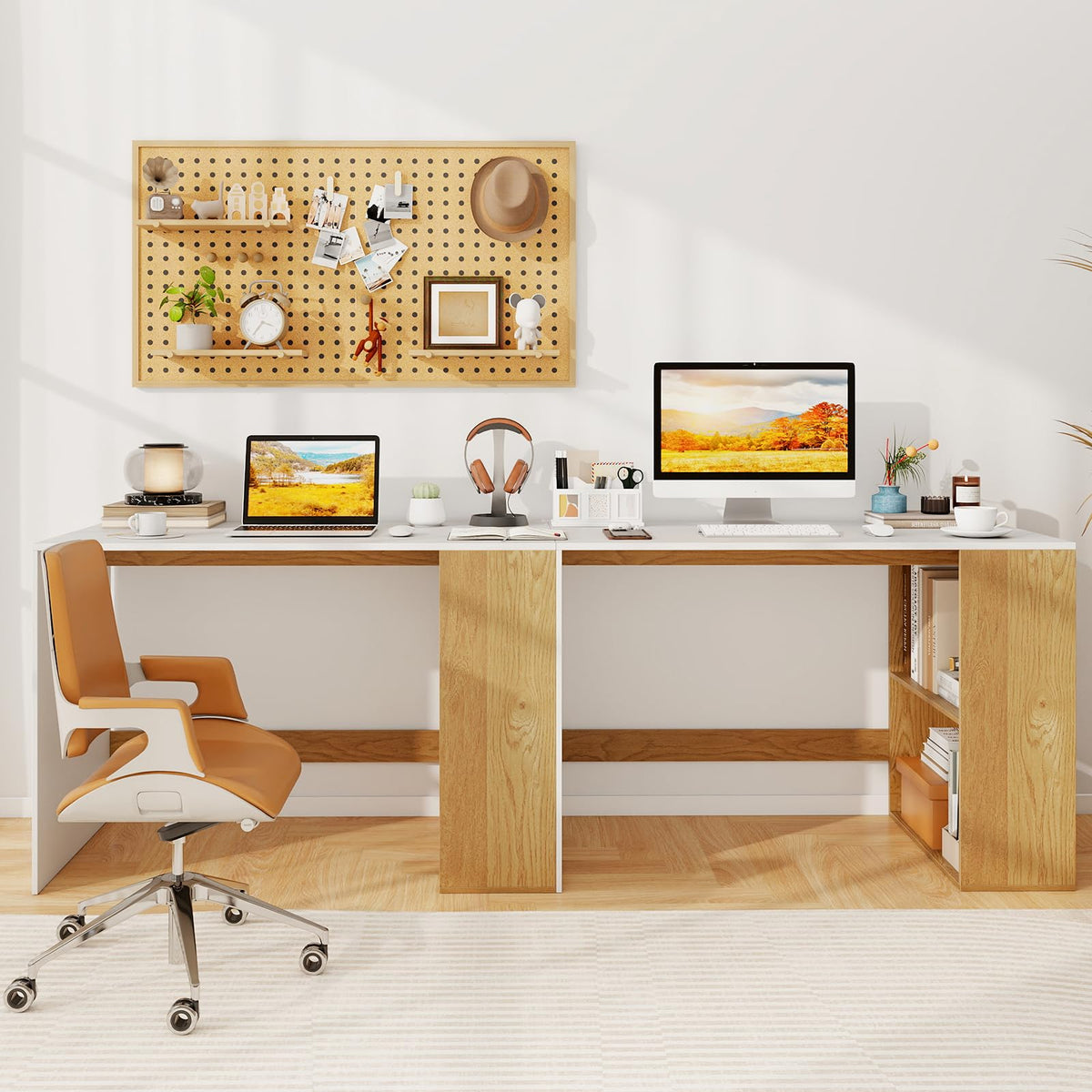 Computer Desk, 112cm Home Office Desk with 2-Tier Bookshelf