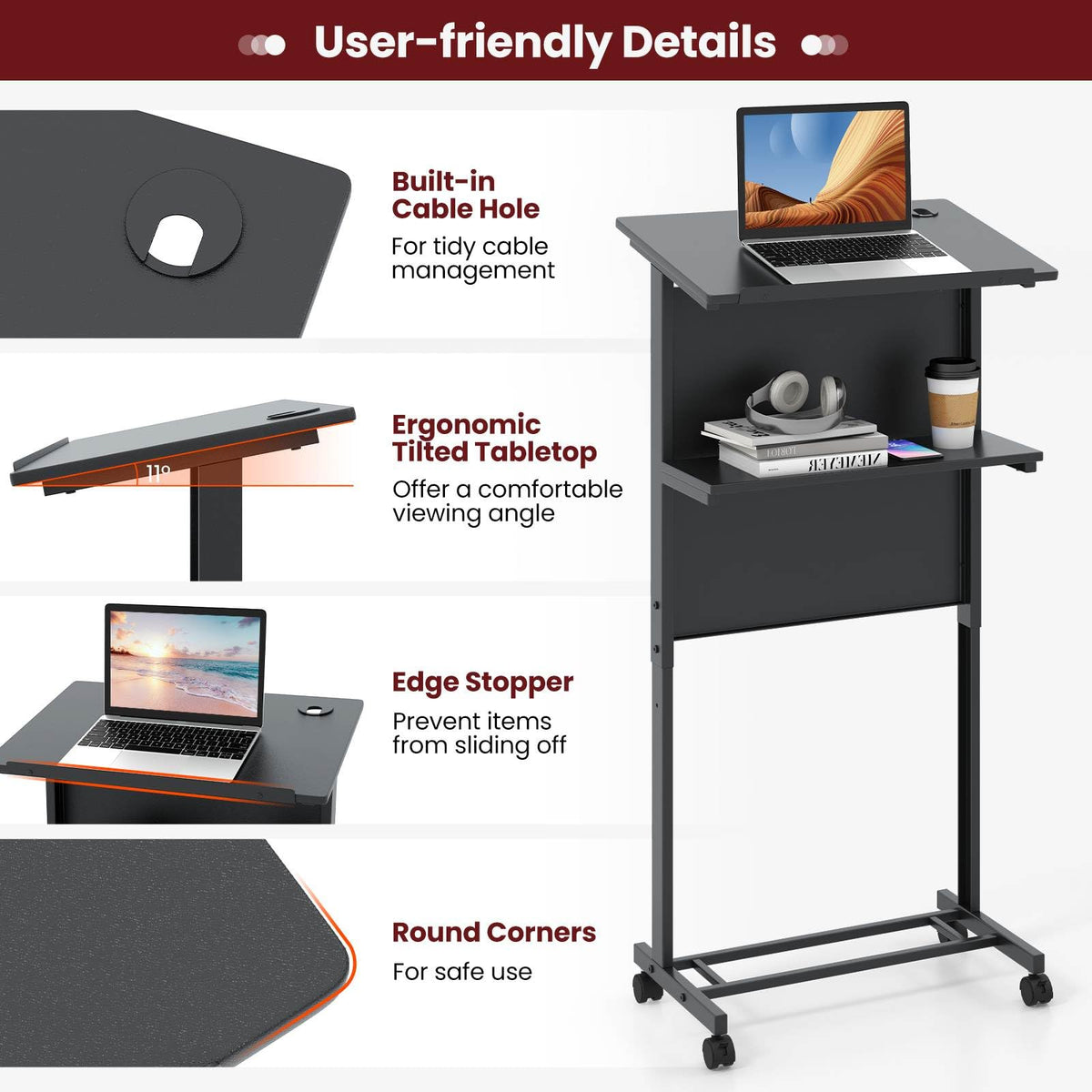 Rolling Podium Stand, 3-Position Height Adjustable Lectern Table with Tilted Tabletop