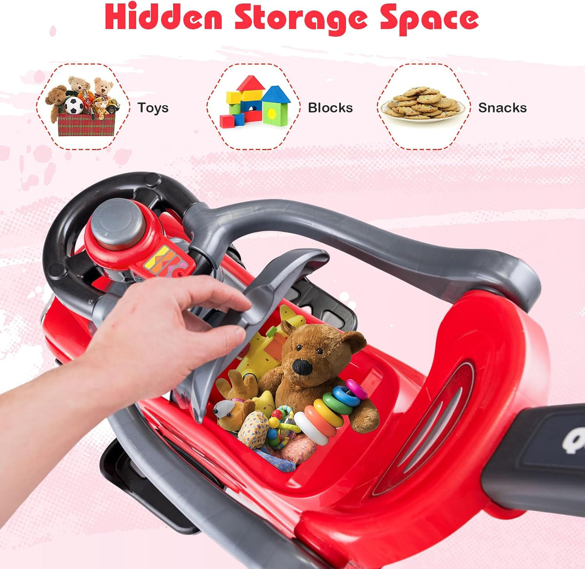 3-in-1 Ride On Push Car, Foot-to-Floor Toddler Walking Car w/Detachable Guardrails & Handle, Interesting Horn, Hidden Storage Space & Anti-Back-Tipping Design, Sliding Car for 2-6 Years