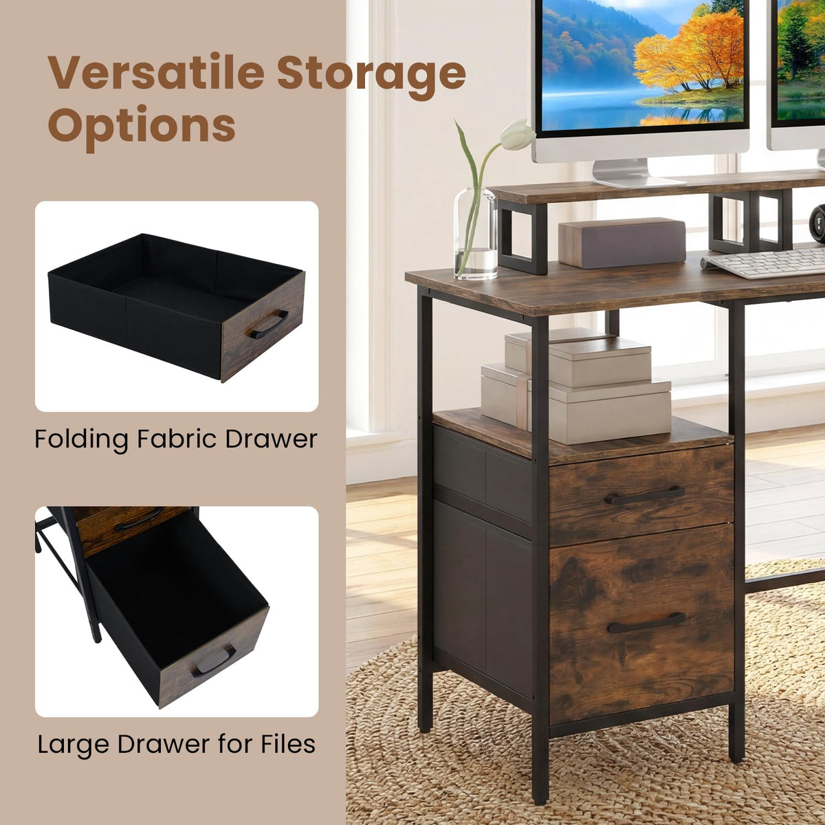 L-shaped Desk with Power Outlets, Reversible Corner Desk with Monitor Stand
