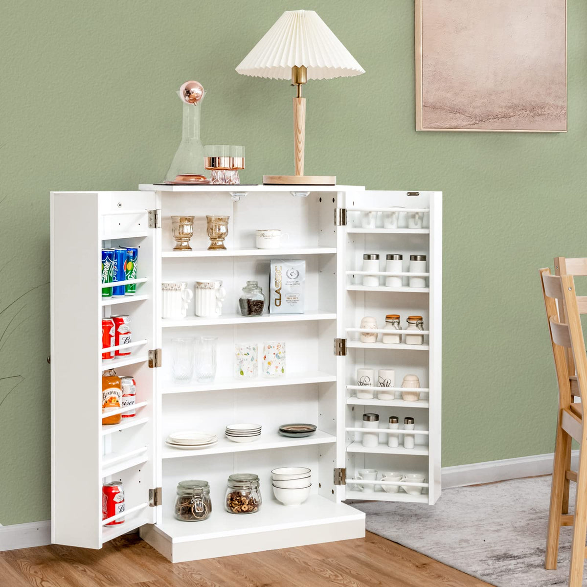 Kitchen Pantry Cabinet, Multifunctional Cupboard w/ 2 Doors & 17-Tier Shelves