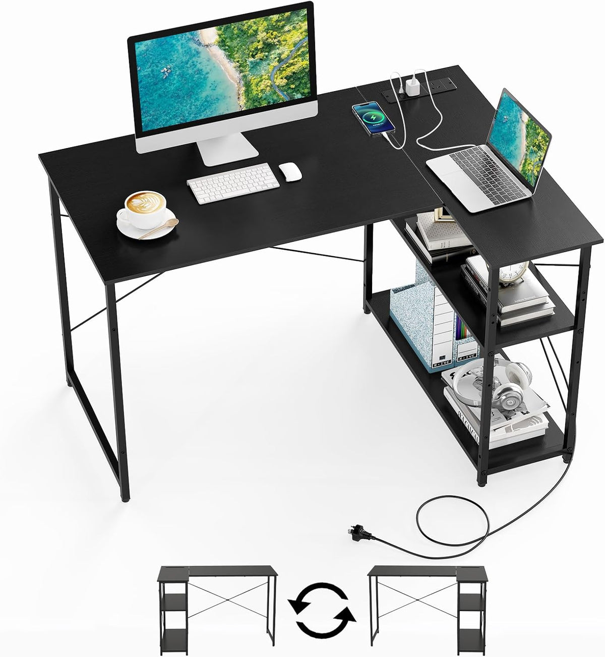 L-Shaped Desk with Power Outlet, Home Office Computer Desk with Reversible Adjustable Storage Shelves