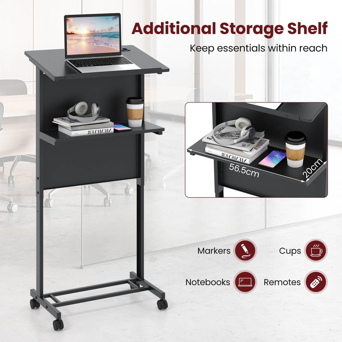 Rolling Podium Stand, 3-Position Height Adjustable Lectern Table with Tilted Tabletop