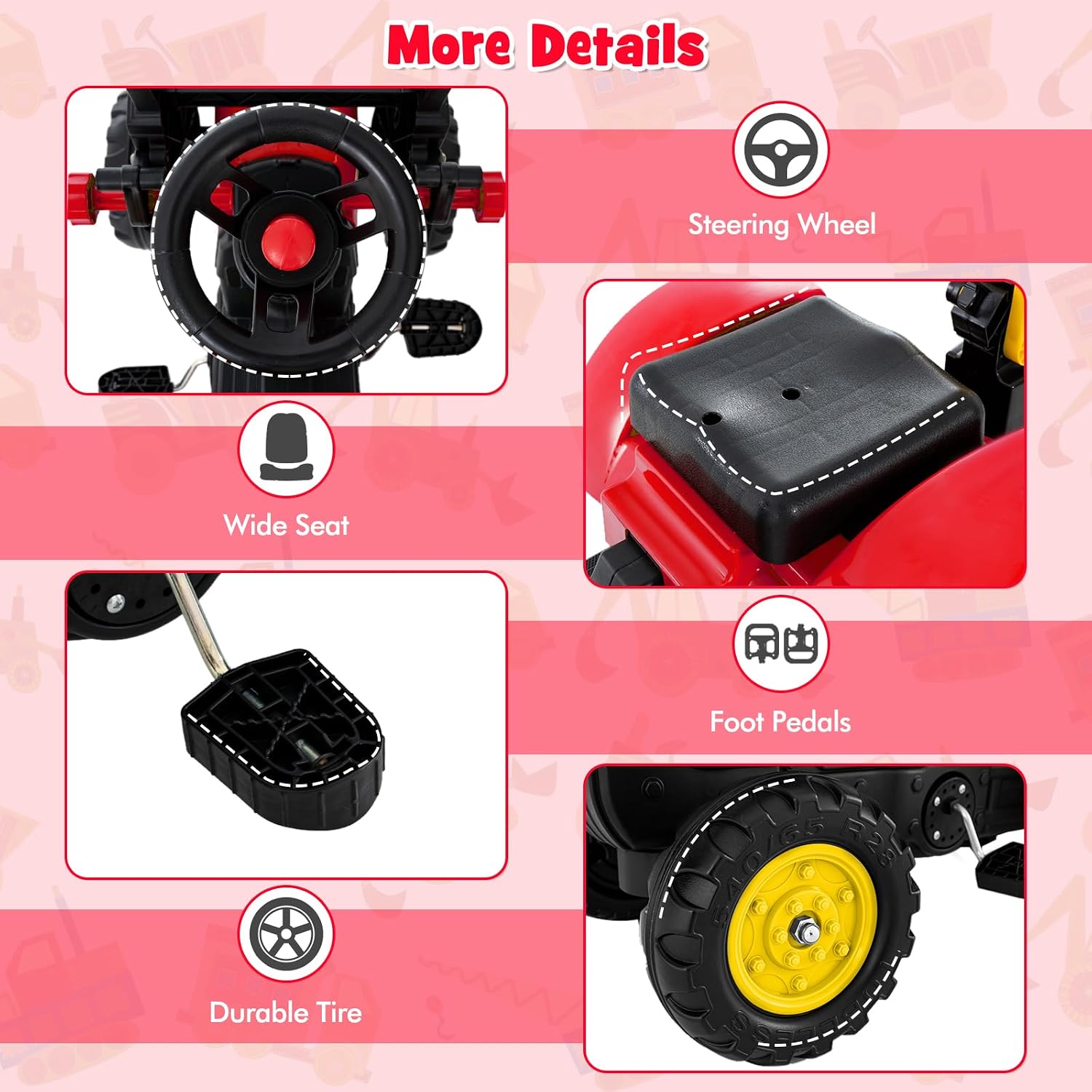 3 in1 Kids Ride On Excavator, Pedal car Bulldozer with 6 Wheels & Detachable Trailer