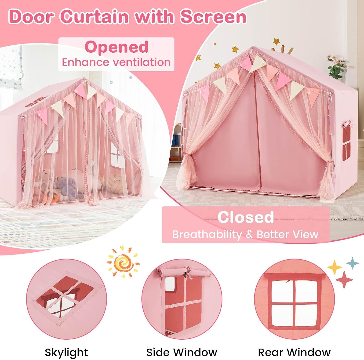 Kids Play Tent, 3-4 Kid Large Play Tent House w/Fabric & Screen Curtains, Star Lights