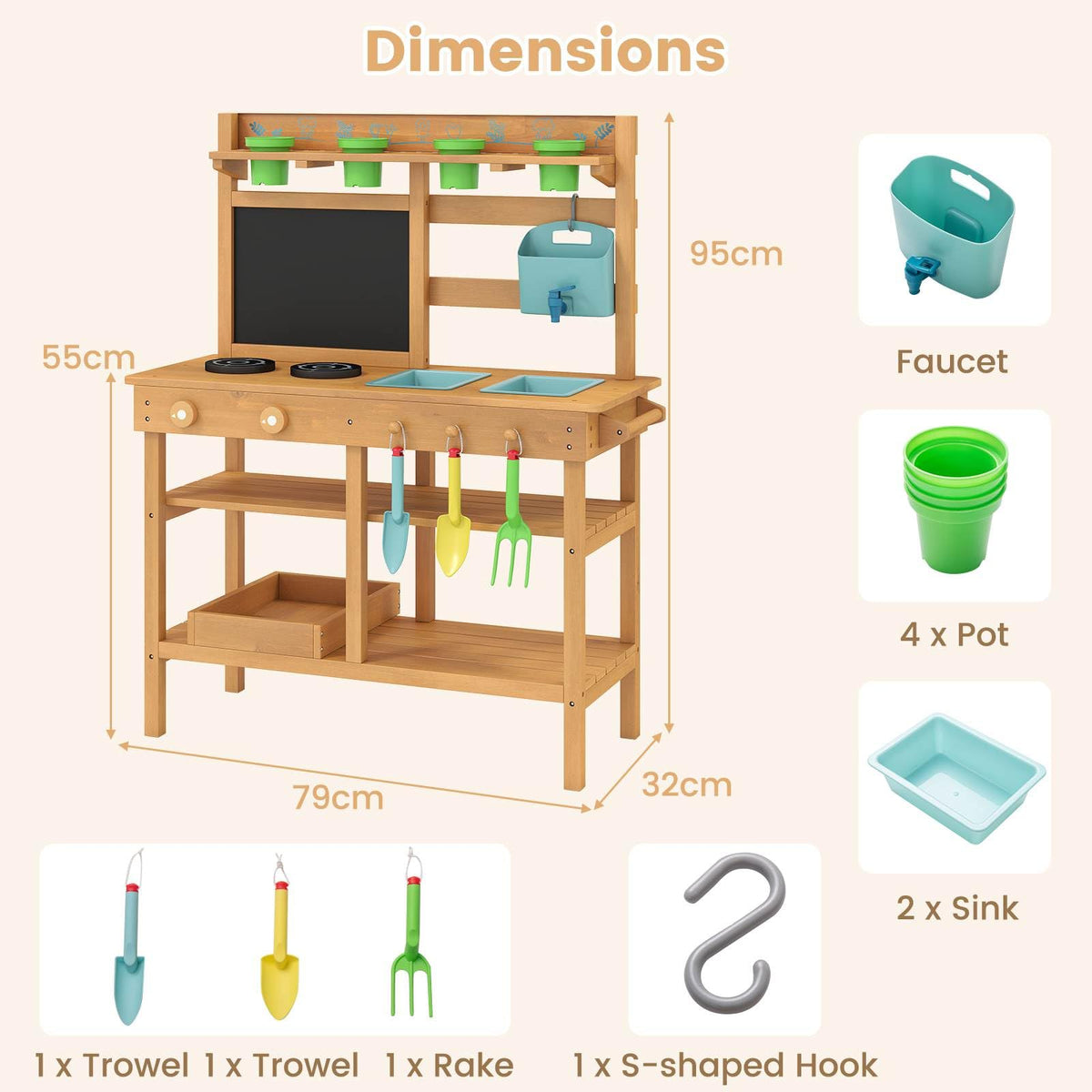 Mud Kitchen for Kids, Toddler Wooden Pretend Play Kitchen Playset with Faucet