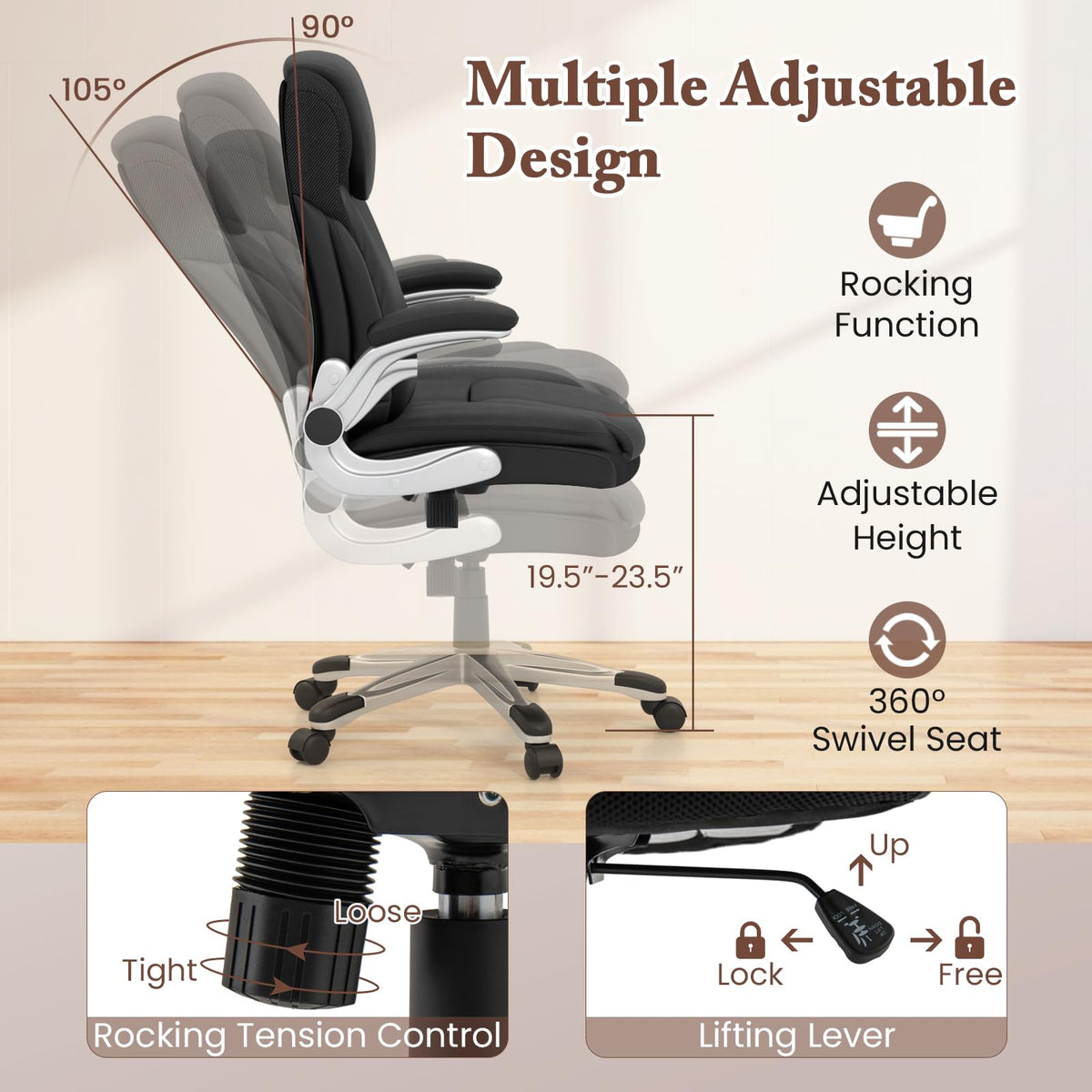 Executive Office Chair, PU Leather Ergonomic Desk Chair with Flip-up Armrests and Height Adjustable