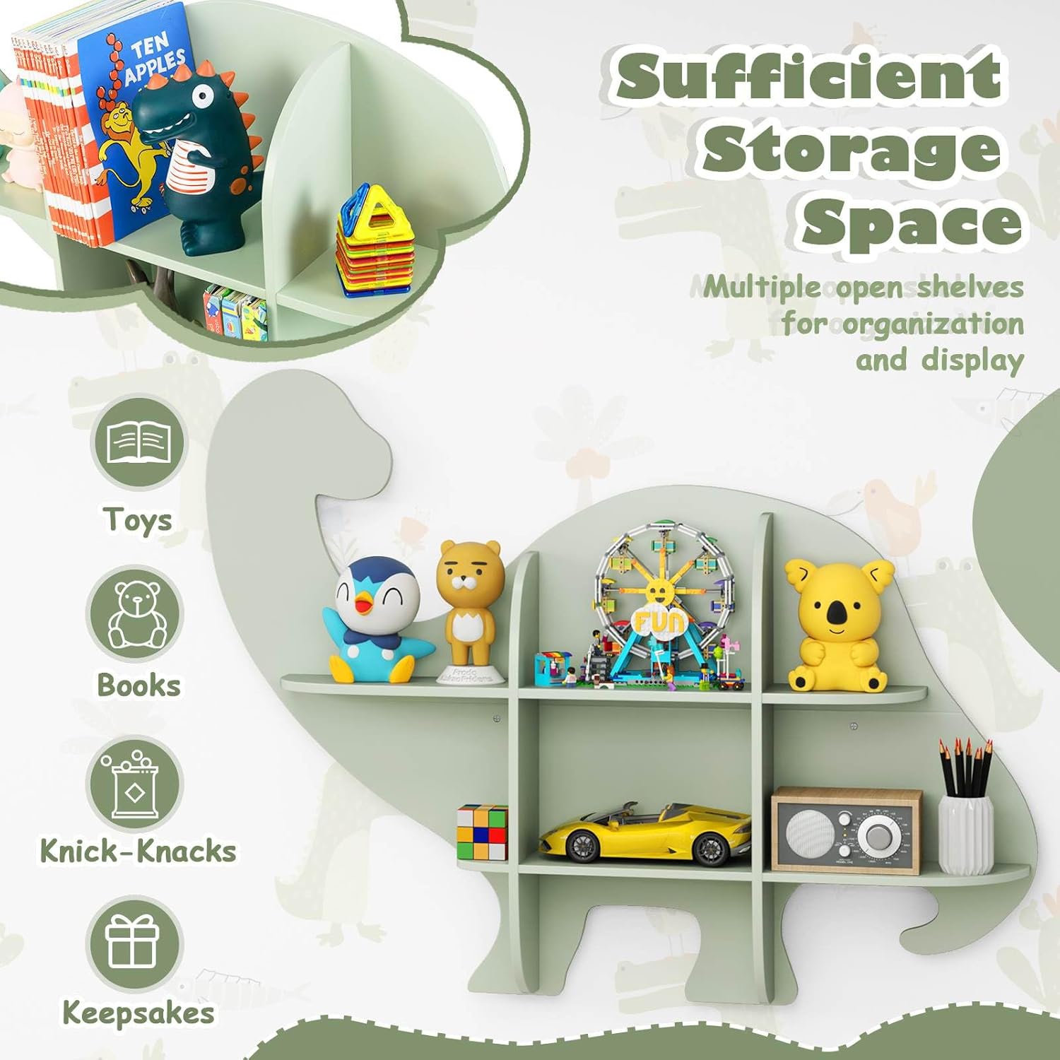 Floating Dinosaur Kids Bookshelf 2-Tier Wood Hanging Bookcase