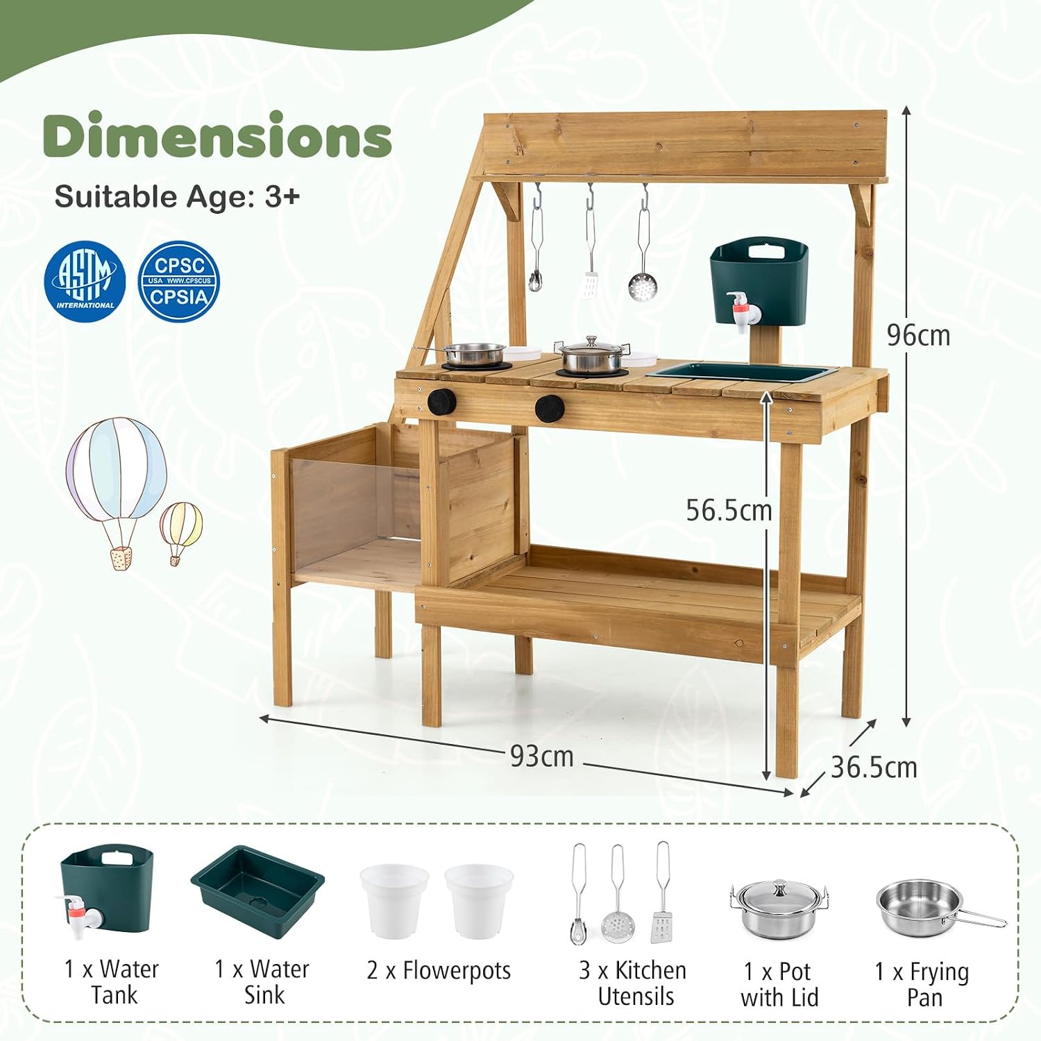 Kids Mud Kitchen, Wooden Play Kitchen with Planter Box, Stoves, Water Tank, Sink & 9 Accessories, Outdoor Pretend Kitchen Playset for Toddlers Aged 3+
