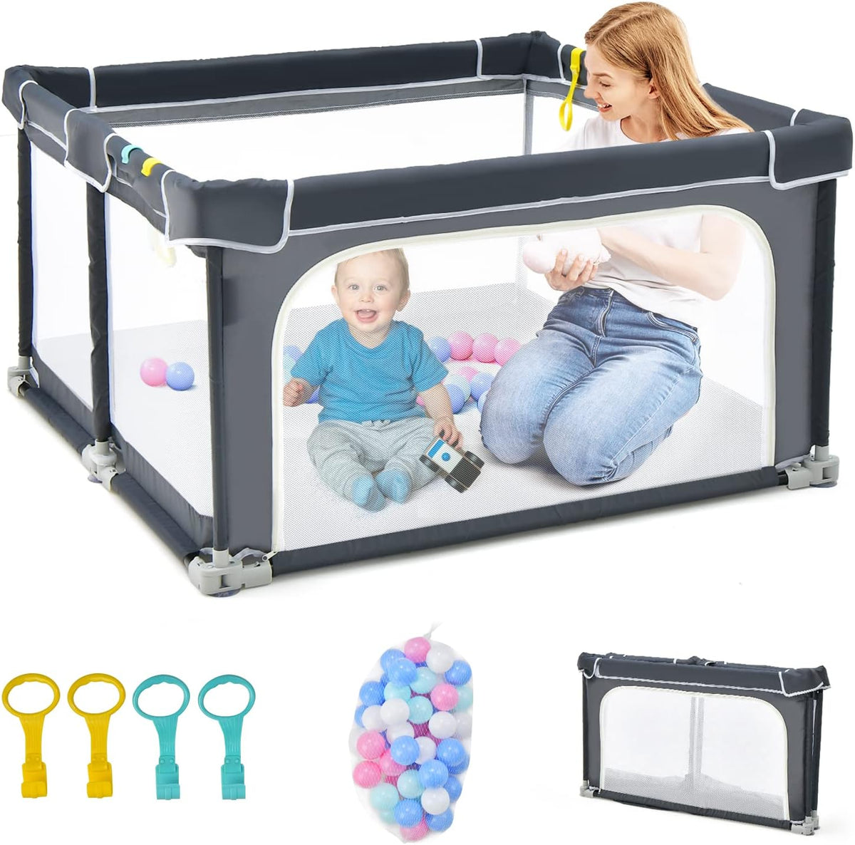 Foldable Baby Playpen, Playpen Activity Center for Babies Toddlers w/50 Balls & 4 Pull Rings