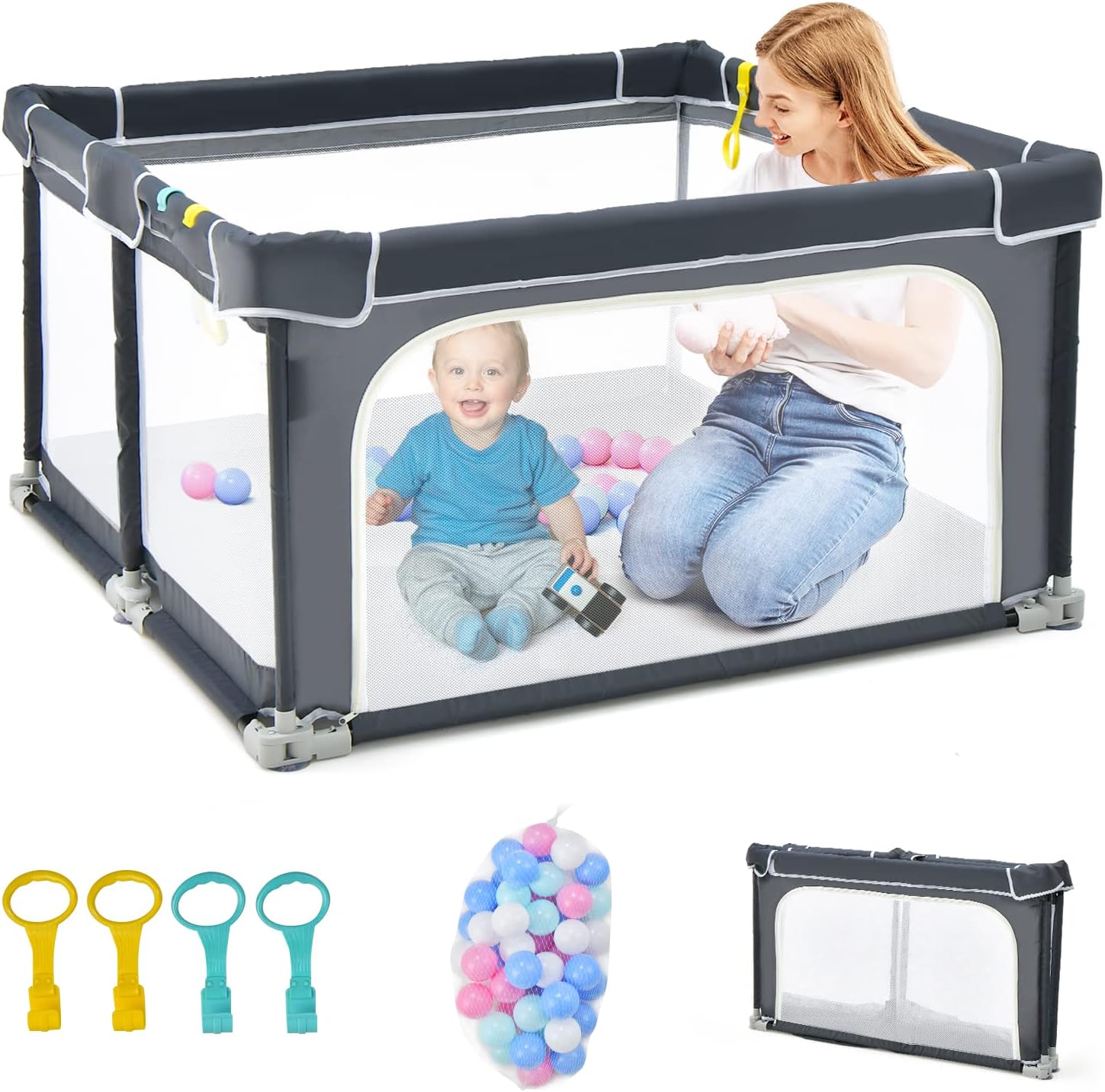 Foldable Baby Playpen, Playpen Activity Center for Babies Toddlers w/50 Balls & 4 Pull Rings