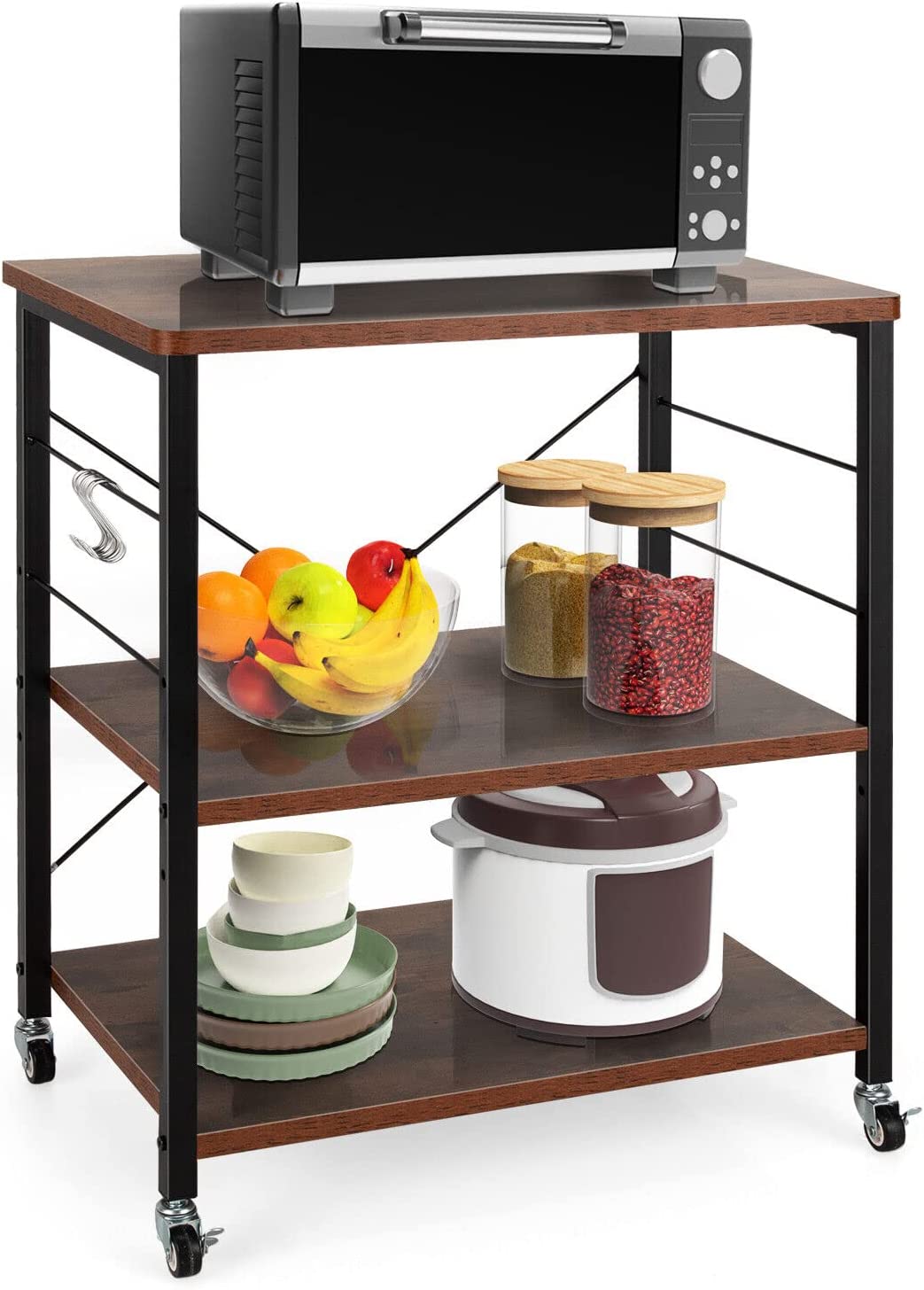 Giantex 3-Layer Microwave Stand Bakers' Rack, Kitchen Rolling Cart with 4 Universal Wheels and 10 Removable Hooks