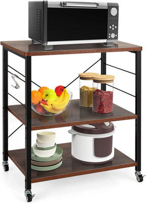 Giantex 3-Layer Microwave Stand Bakers' Rack, Kitchen Rolling Cart with 4 Universal Wheels and 10 Removable Hooks
