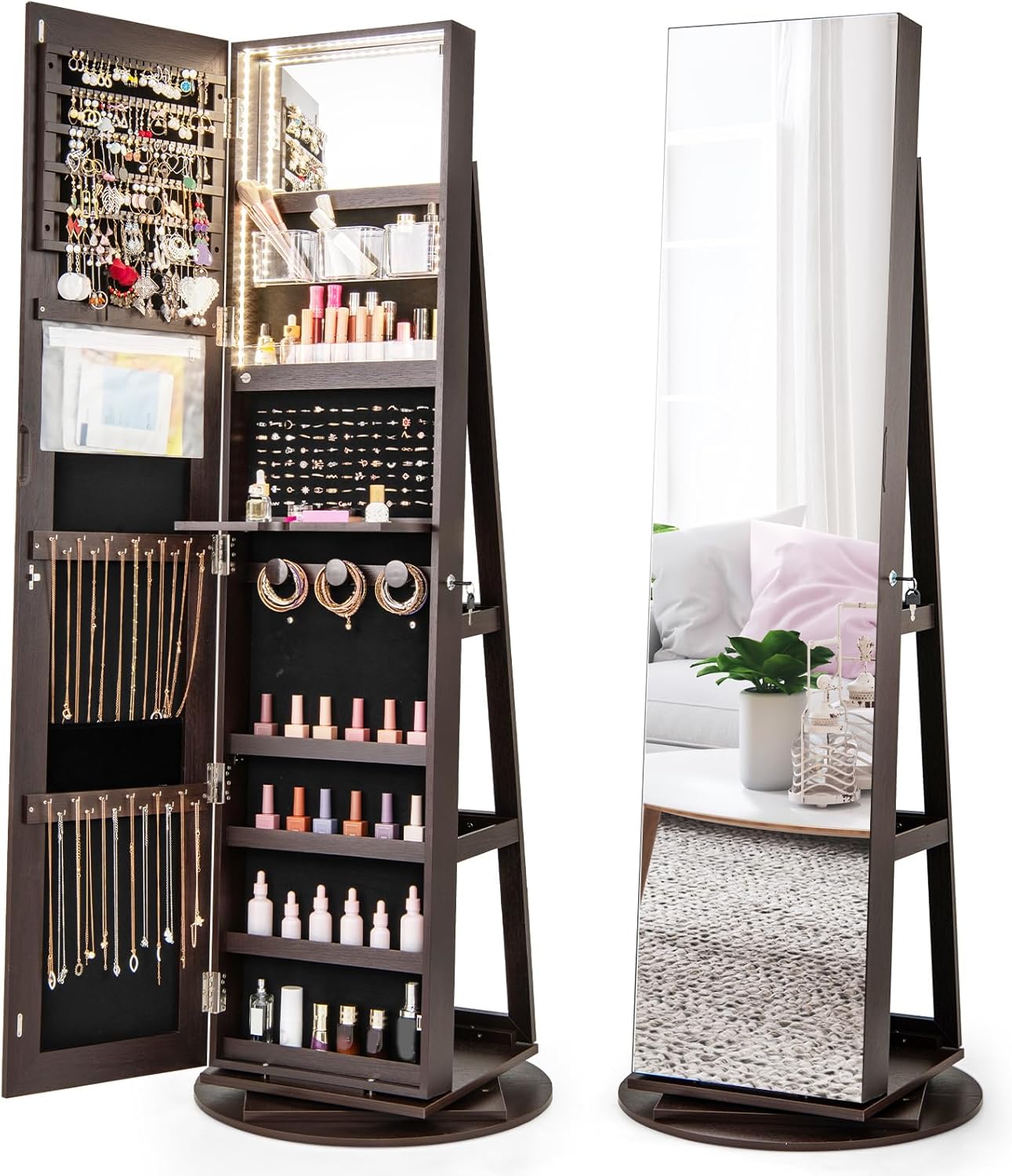 Giantex 161CM(H) Jewelry Armoire with Full Length Mirror 360° Swivel, 3-Color LED lights