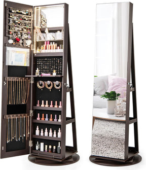 Giantex 161CM(H) Jewelry Armoire with Full Length Mirror 360° Swivel, 3-Color LED lights