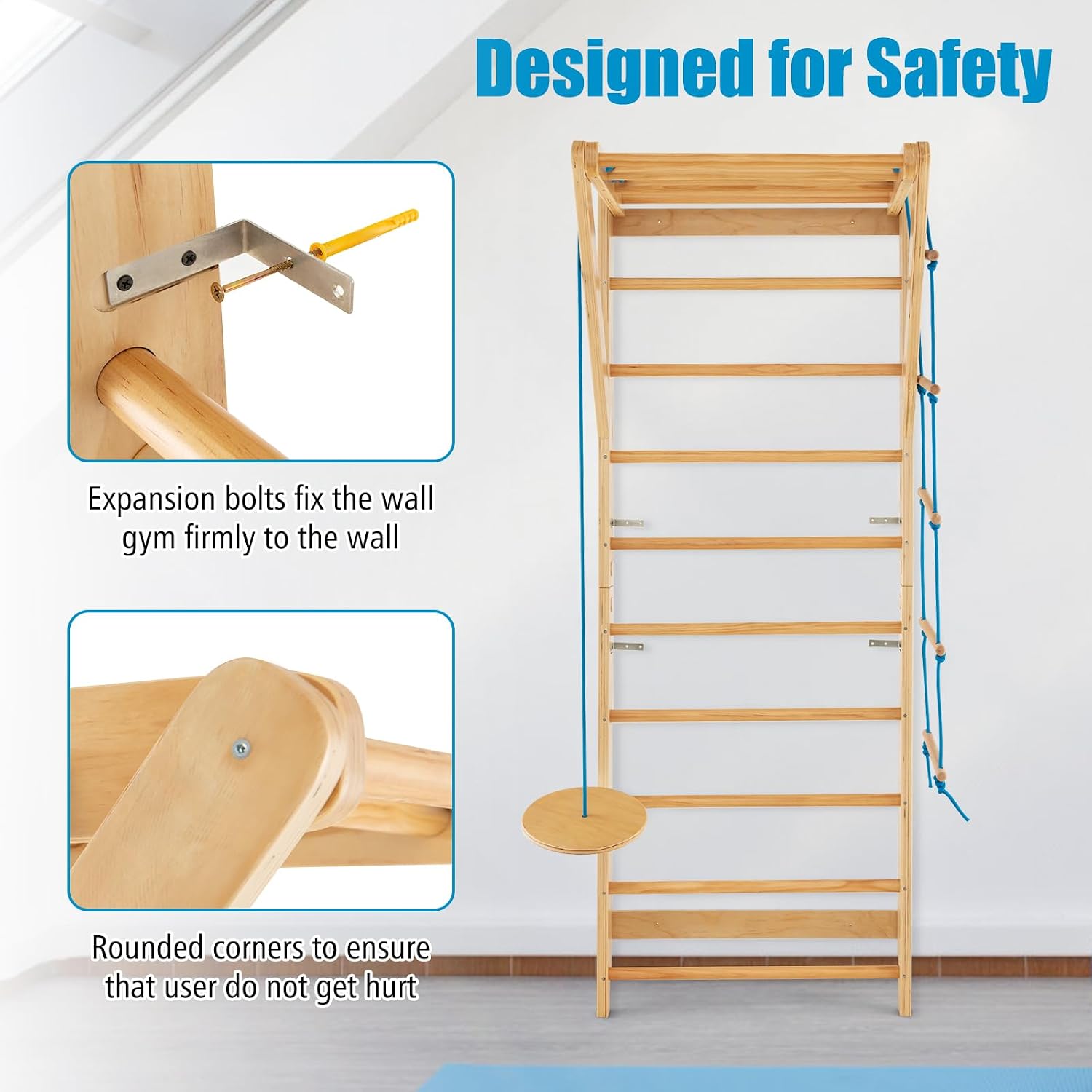 Wood Stall Bar, Swedish Ladder with Swedish Wall & Pull Up Bar & Rope Ladder & Trapeze