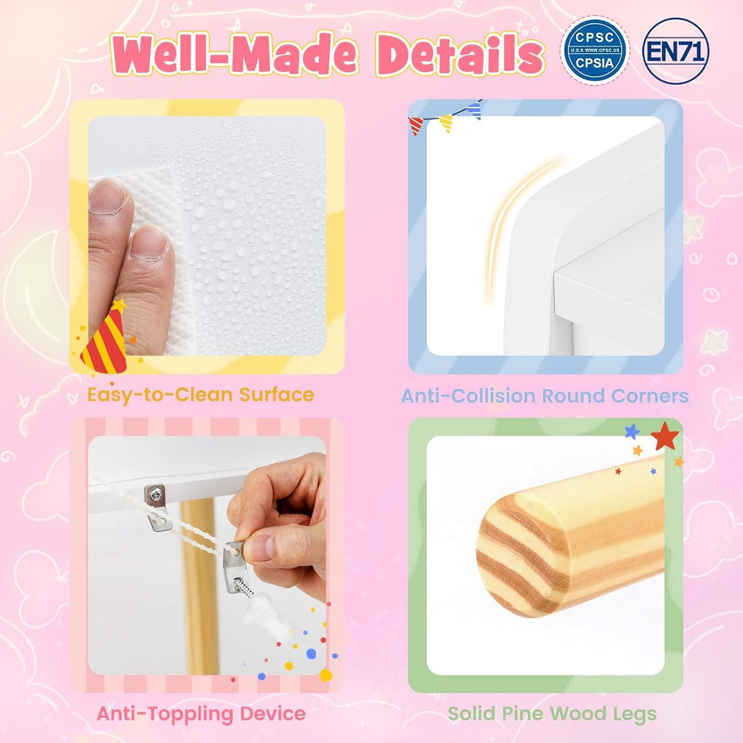 Wooden Kids Vanity Set, Princess Dressing Table and Chair Set with 2-Color Front Lit Mirror