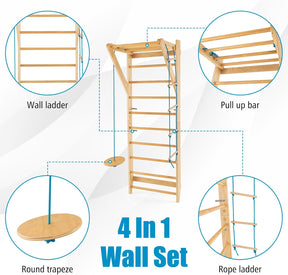Wood Stall Bar, Swedish Ladder with Swedish Wall & Pull Up Bar & Rope Ladder & Trapeze