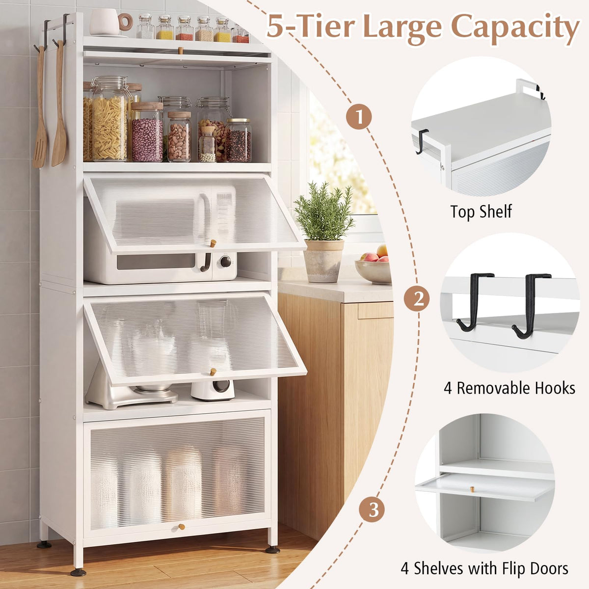 5-Tier Mobile Kitchen Storage Cabinet, Freestanding Metal Pantry Cabinet w/4 Flip-up PC Doors