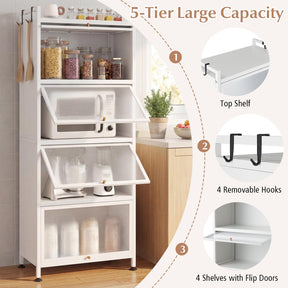 5-Tier Mobile Kitchen Storage Cabinet, Freestanding Metal Pantry Cabinet w/4 Flip-up PC Doors