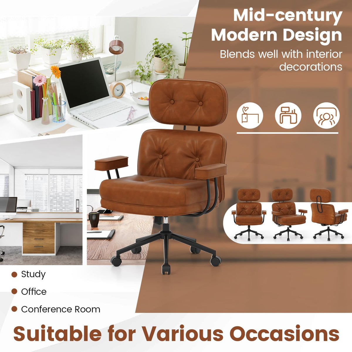 Ergonomic Home Office Chair, Mid Century Modern Computer Desk Chair w/ Wide Tufted Seat