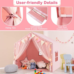 Kids Play Tent, 3-4 Kid Large Play Tent House w/Fabric & Screen Curtains, Star Lights