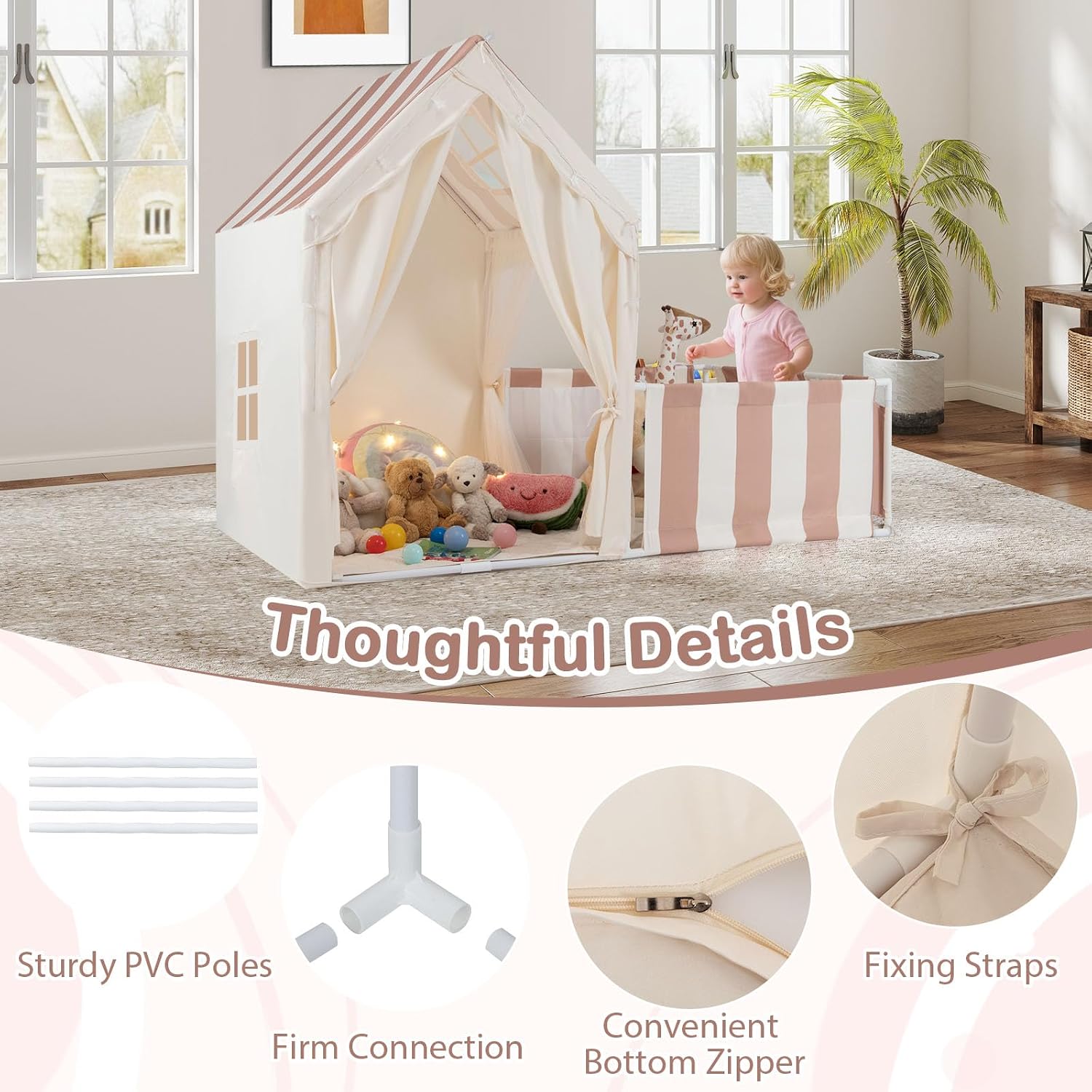 Kids Play Tent with Playpen, 2-in-1 Toddler Playhouse w/Yard, Door Curtains, Windows, Star Lights & Washable Cotton Mat, Indoor Teepee Tent for Boys and Girls Aged 3+ Years (Beige)