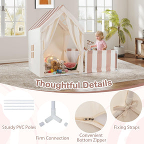 Kids Play Tent with Playpen, 2-in-1 Toddler Playhouse w/Yard, Door Curtains, Windows, Star Lights & Washable Cotton Mat, Indoor Teepee Tent for Boys and Girls Aged 3+ Years (Beige)