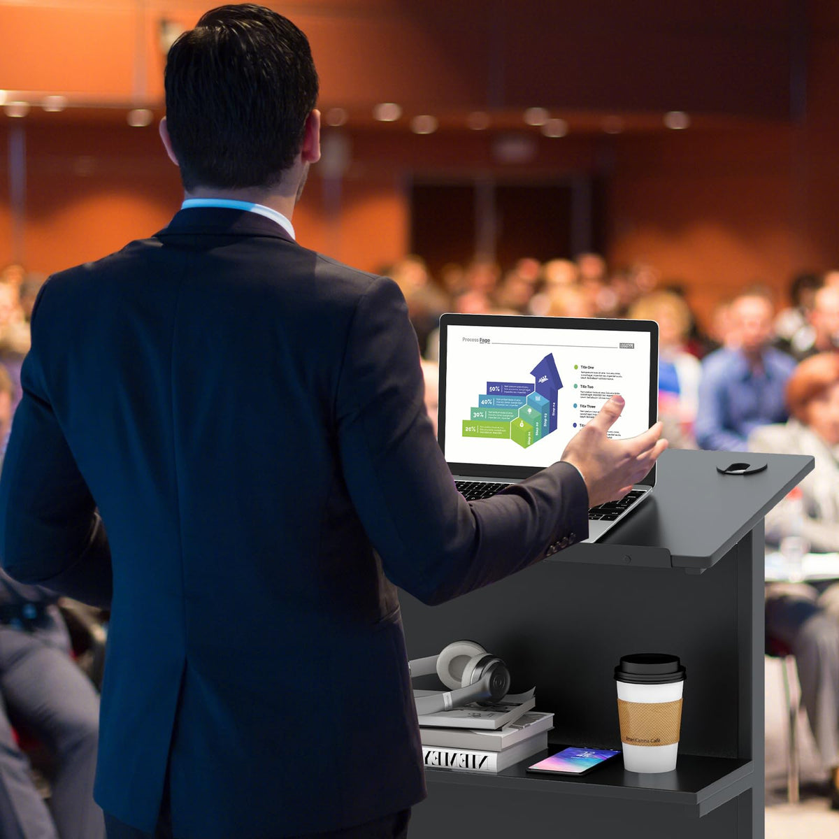 Rolling Podium Stand, 3-Position Height Adjustable Lectern Table with Tilted Tabletop
