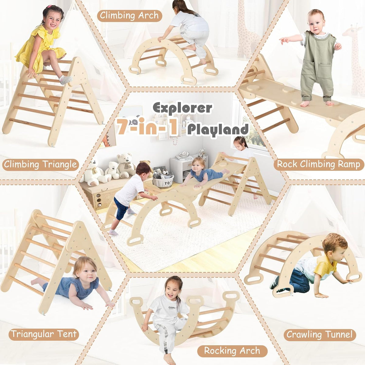 8-in-1 Wooden Triangle Set, Montessori Climbing Toys with Arch Climber, Rocker, Reversible Ramp