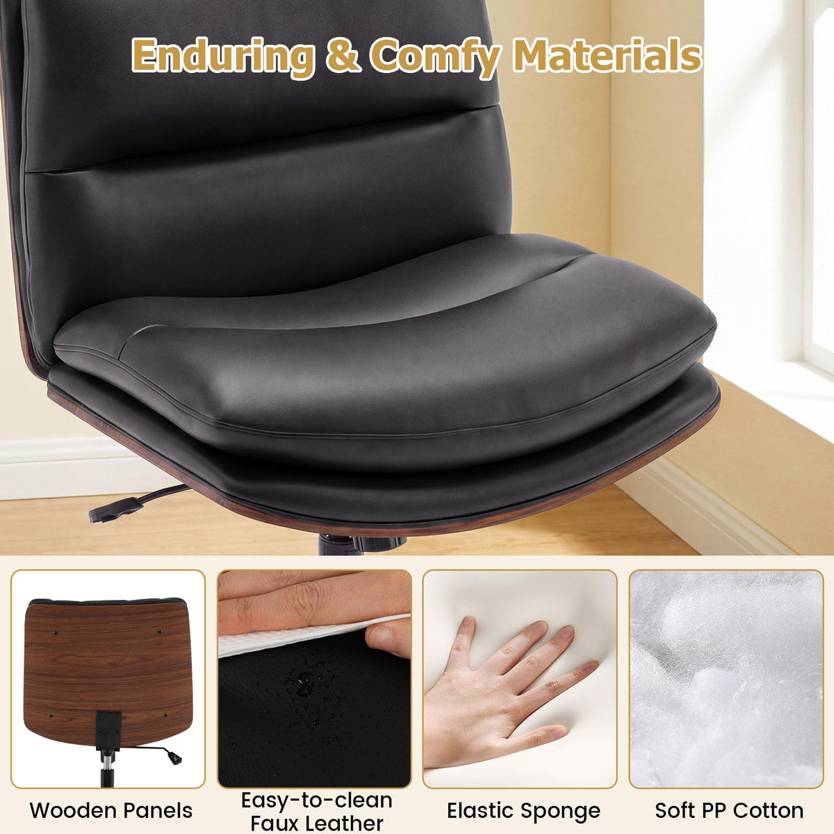 Vanity Office Chair with Wheels, Height Adjustable Swivel Task Chair w/ Curved Backrest & Padded Seat