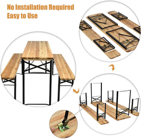 3 Pieces Outdoor Folding Table Bench Set Patio Portable Dining Table Set with Seating