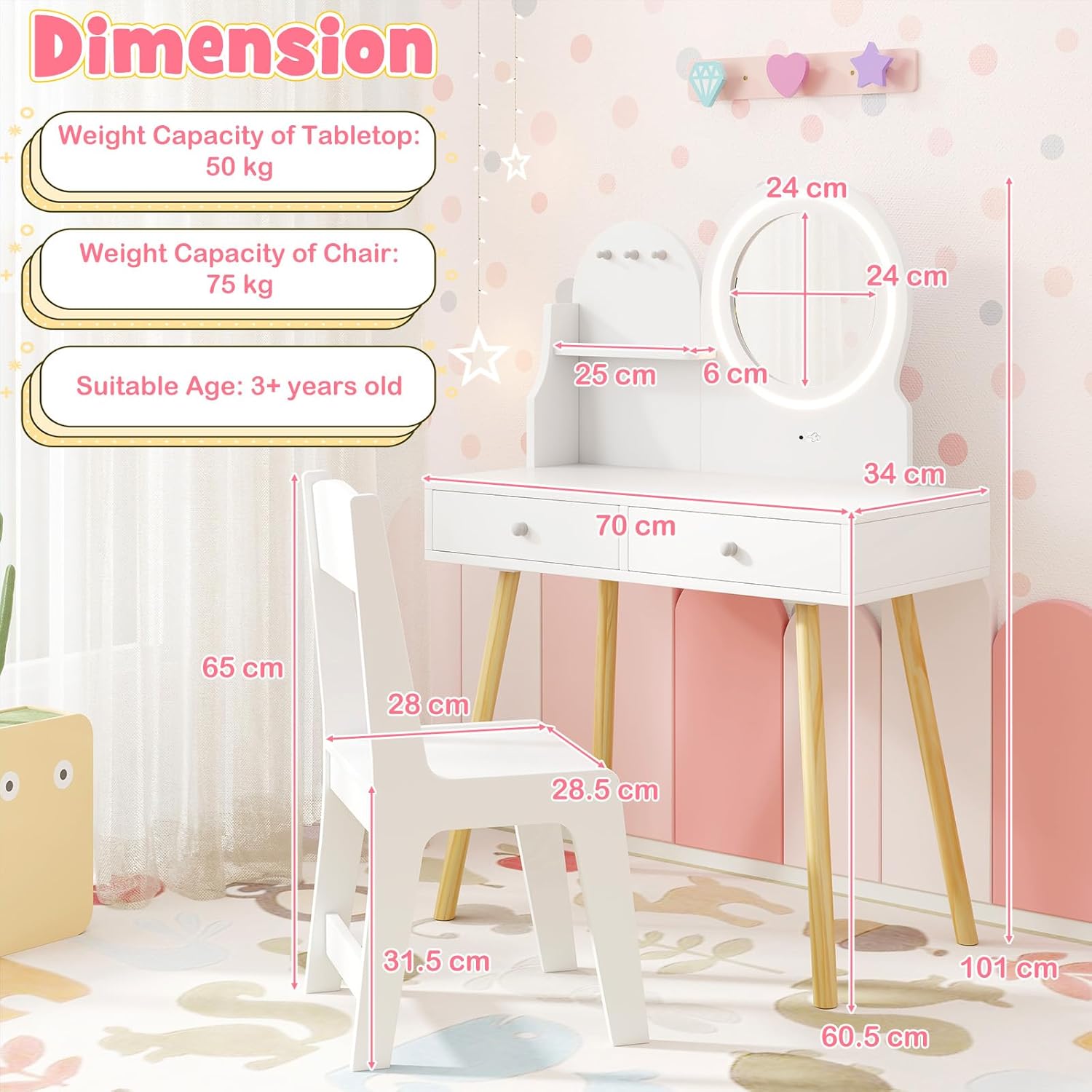 Kids Vanity Set, Princess Dressing Table with Chair