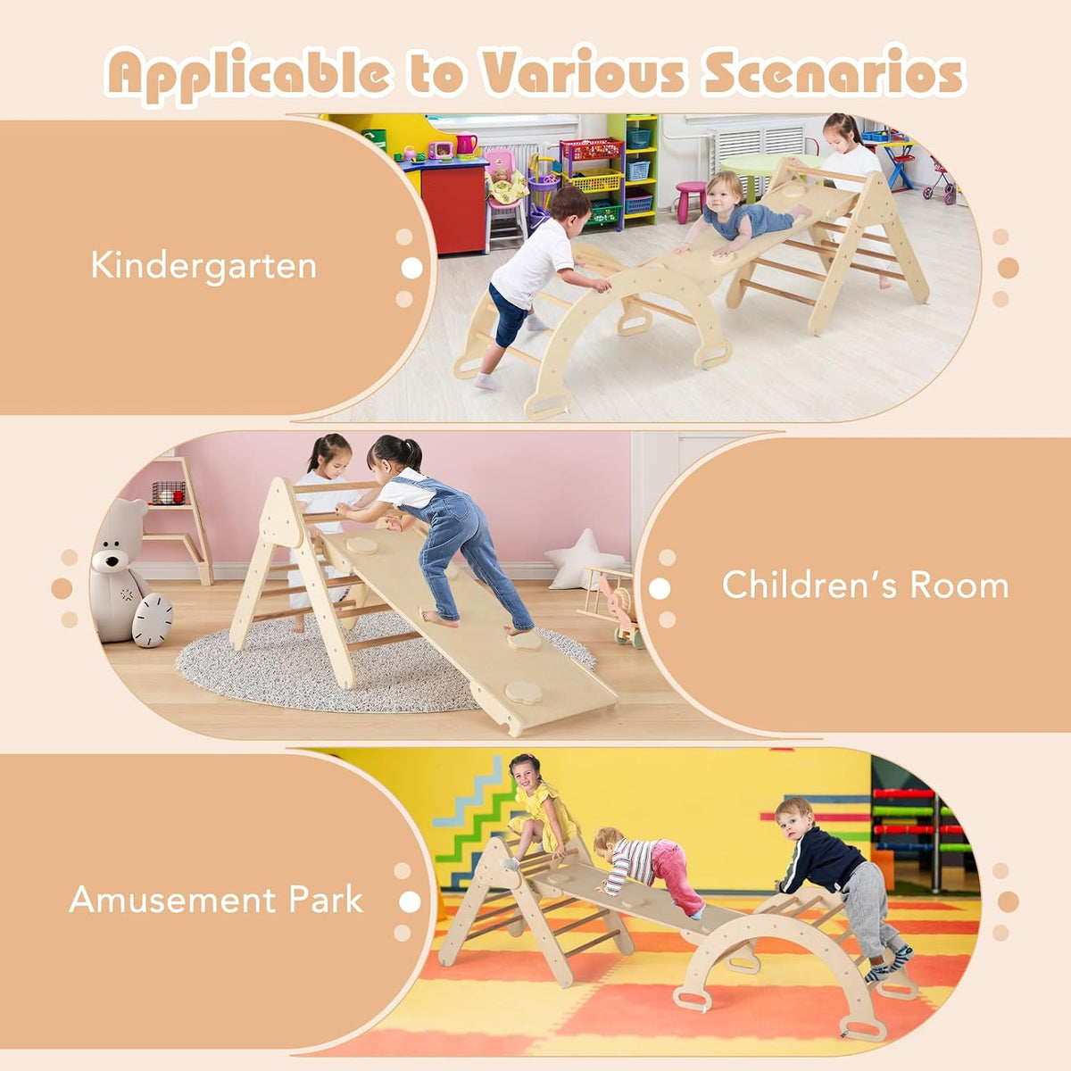 8-in-1 Wooden Triangle Set, Montessori Climbing Toys with Arch Climber, Rocker, Reversible Ramp