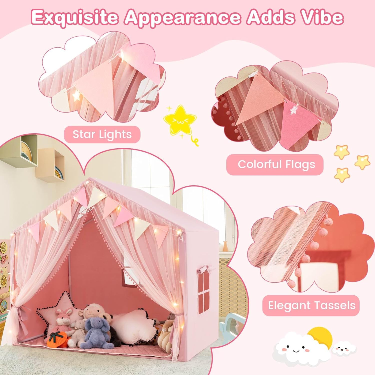 Kids Play Tent, 3-4 Kid Large Play Tent House w/Fabric & Screen Curtains, Star Lights