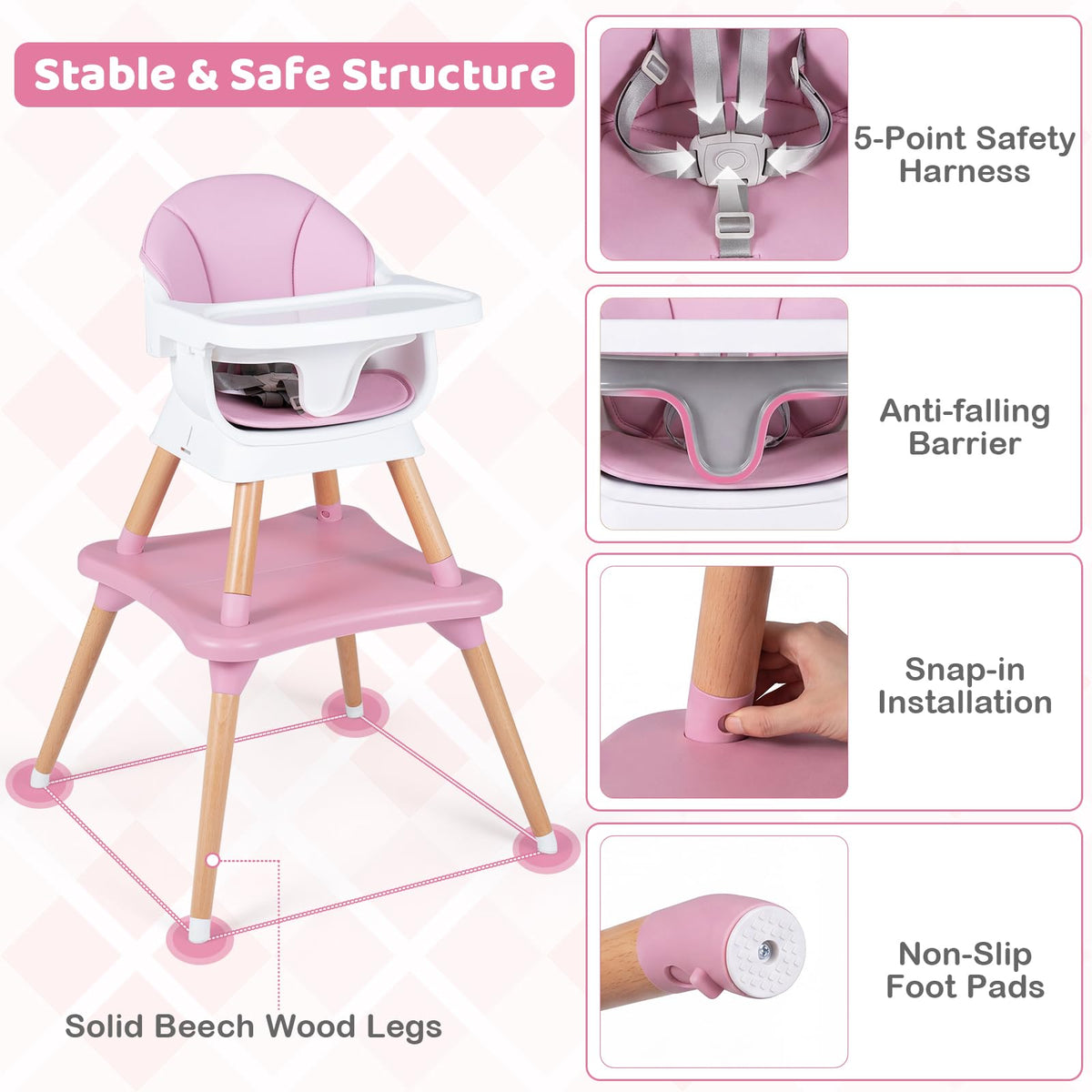 9-in-1 Convertible High Chair, Kids Table and Chair Set w/Solid Wood Legs, Removable Dishwasher-Safe Tray