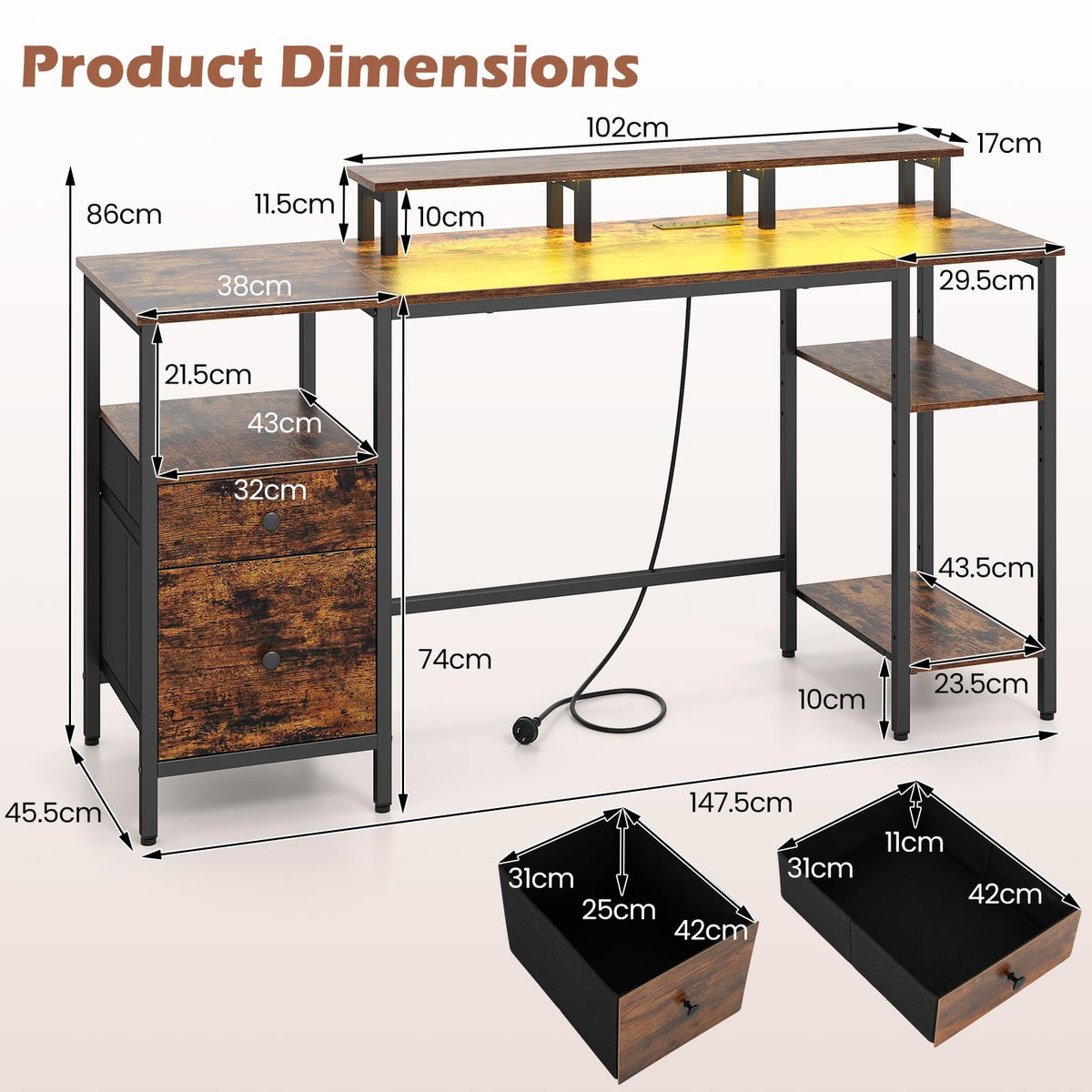 Reversible Office Desk with Charging Station and LED Light Strip